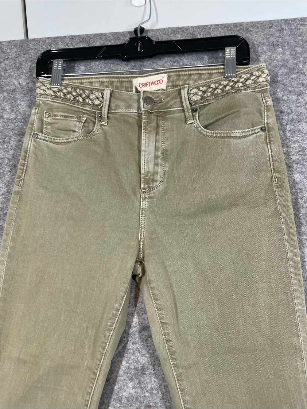 Driftwood Olive Green Kick Flare Jeans 27 Raw Hem Boho Western Embroidered Chic
